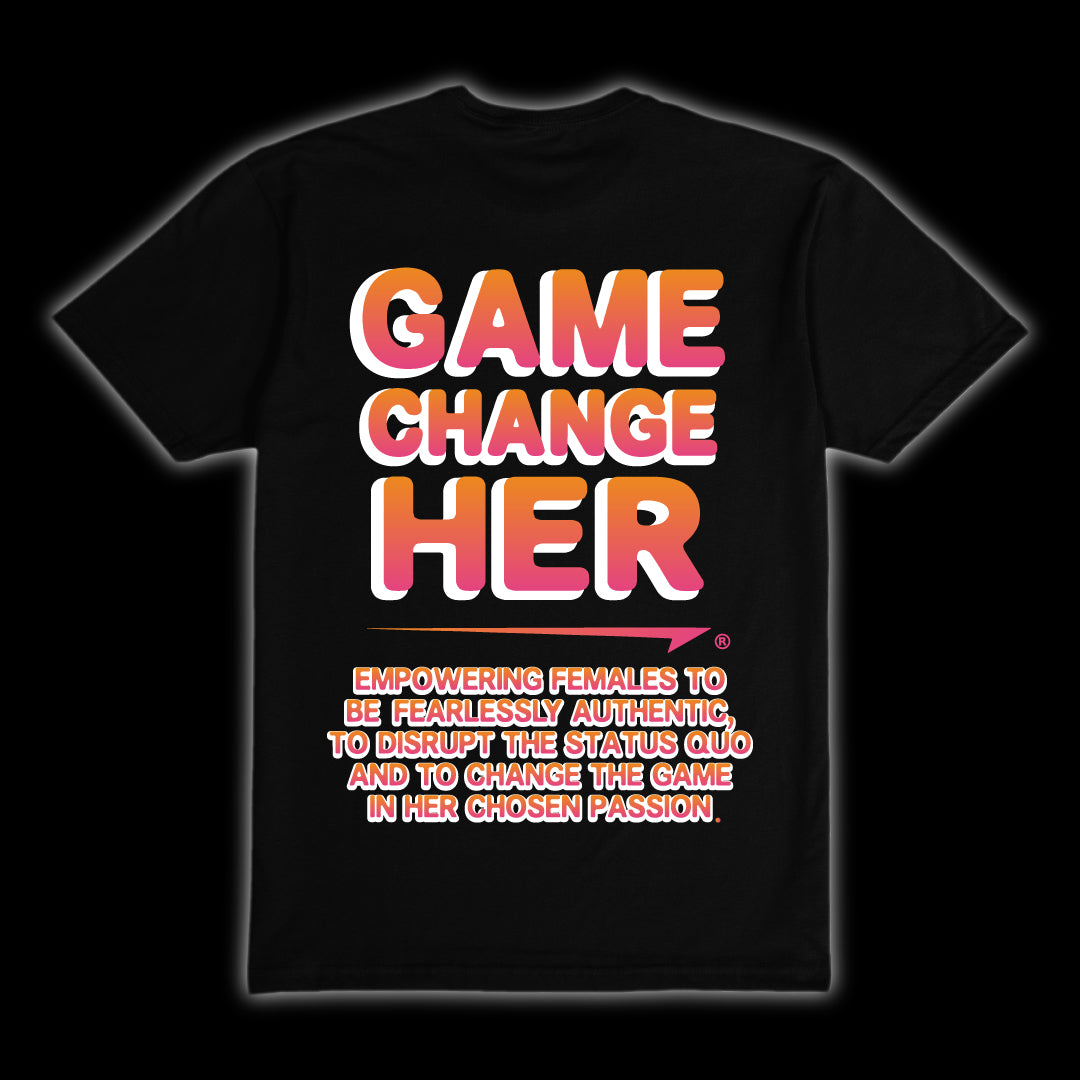 Game ChangeHER Bubble Logo Black T-Shirt (Back)