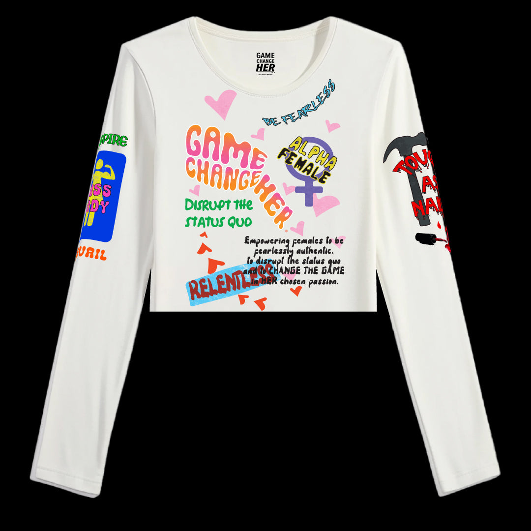 Game ChangeHer White Cropped Long Sleeve (Front)